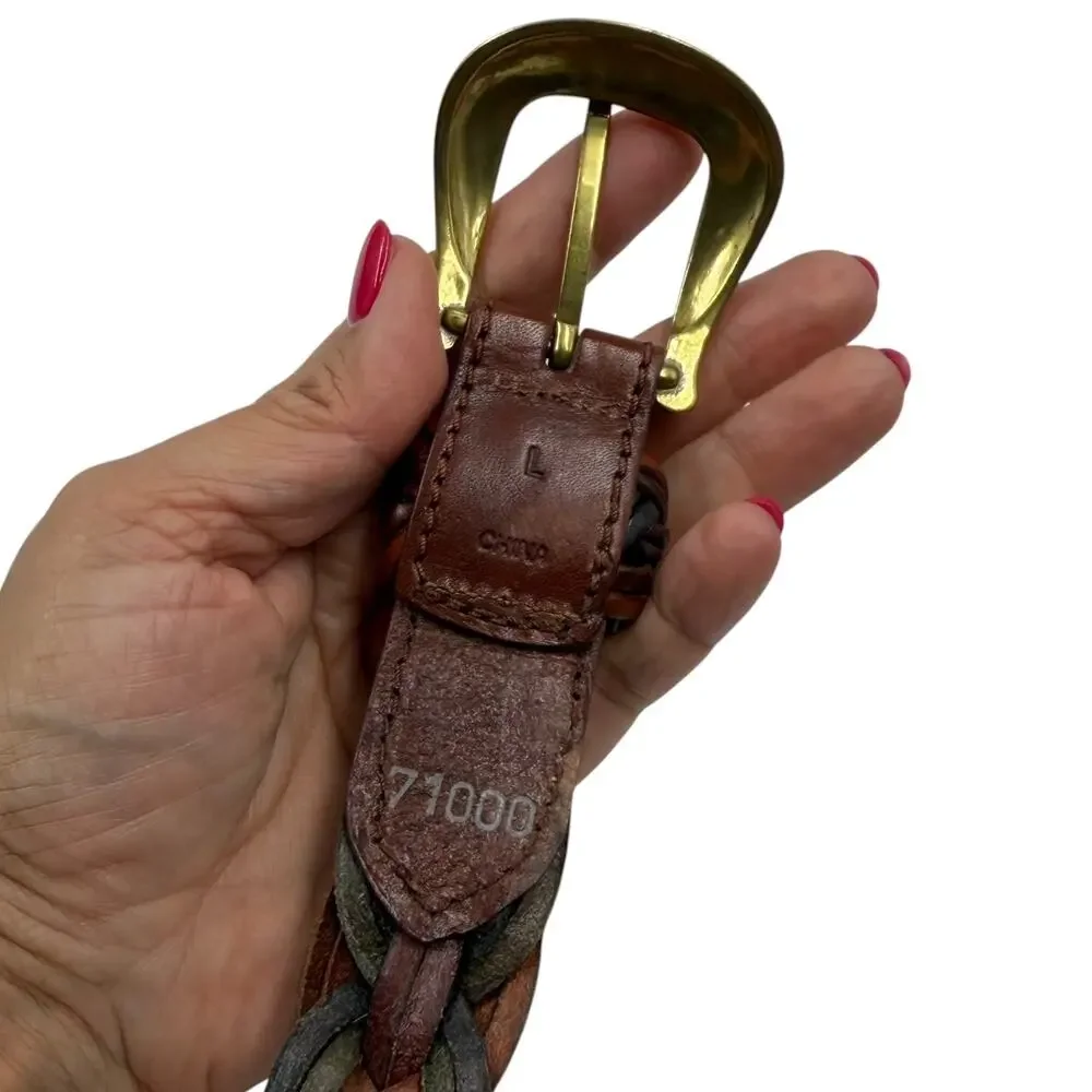 Vintage Multi Color Braided Leather Belt Woven Earth Tone Brass Buckle L 90s
